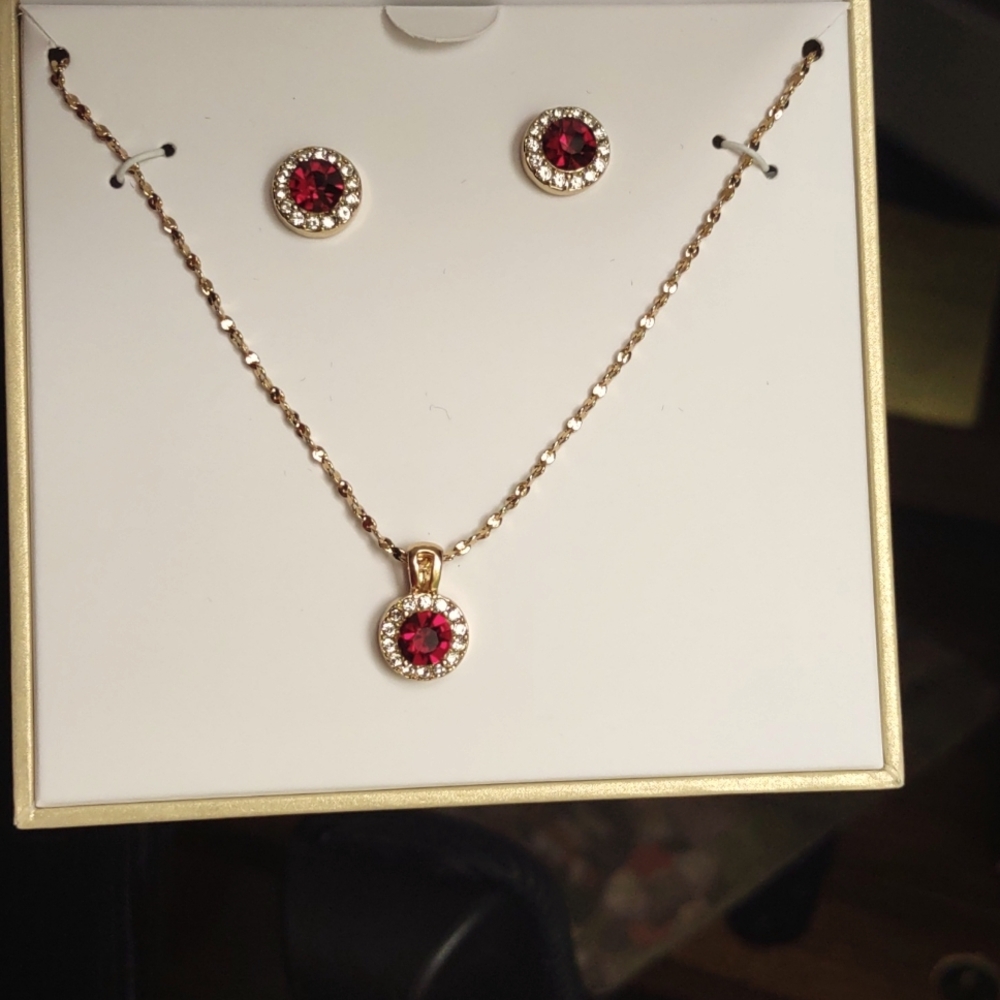 Necklace and pierced earrings set, ruby, diamond and gold